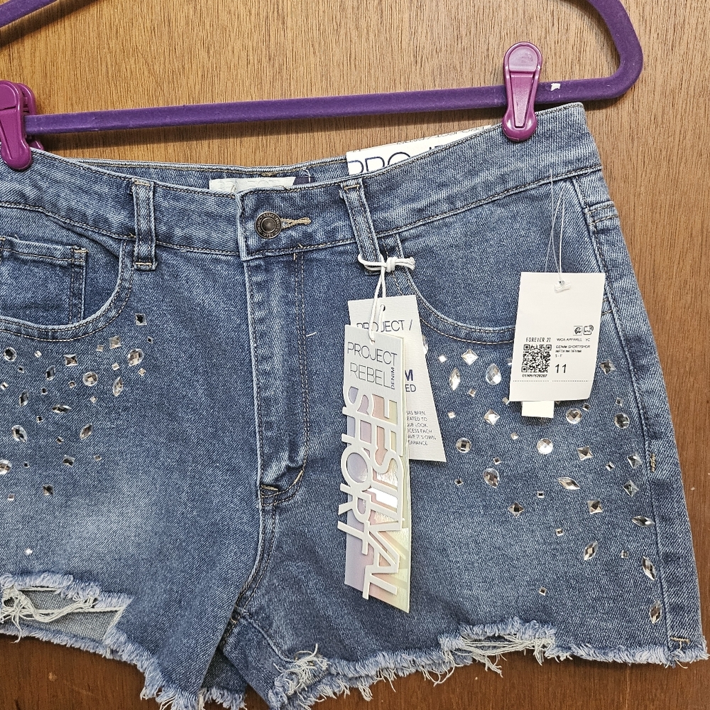 Project Rebel Medium Wash Rhinestone Festival Shorts